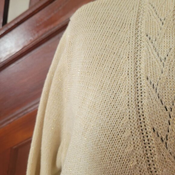 Appleseeds Petite Womens Gold Shimmer Acrylic Blend Cardigan Sweater Chevron Hem - Picture 7 of 9